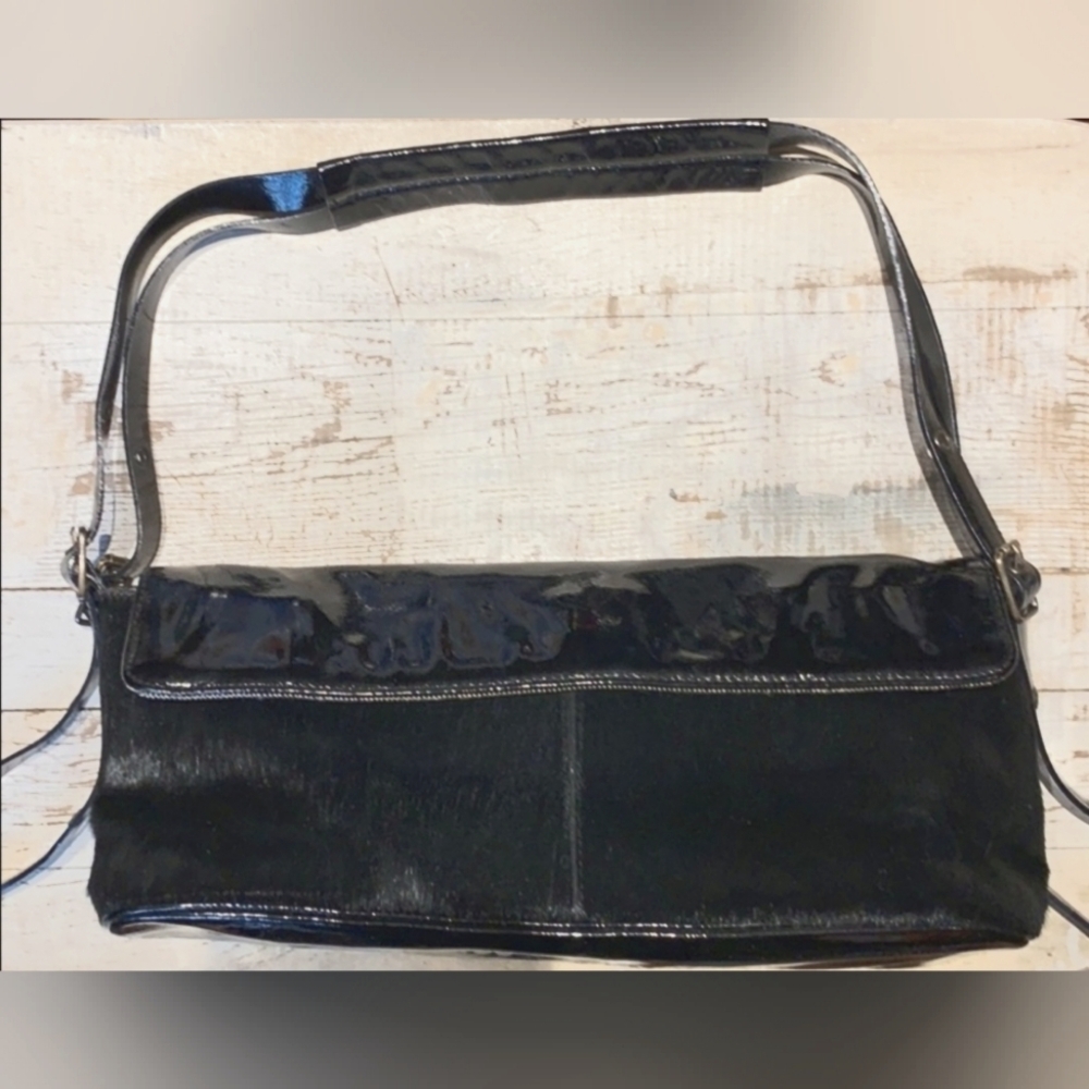 Plinio Visona Patent Italian Leather and Pony Hair Black Shoulder Bag